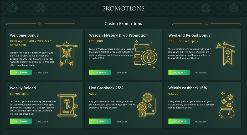 Casinia Casino Promotions and Offers on real website