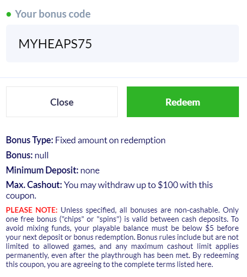 Heaps O' Wins no deposit bonus rules